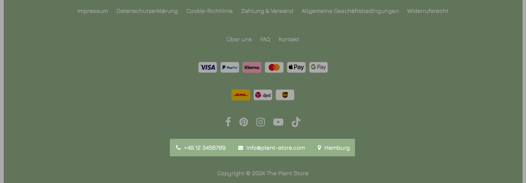 Beispiel für die Anzeige von Kontakt- und Standortdetails in einem Zeilenlayout-Footer