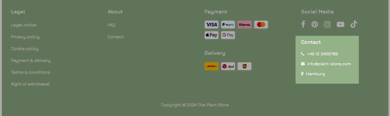 Example contact/location information in the footer
