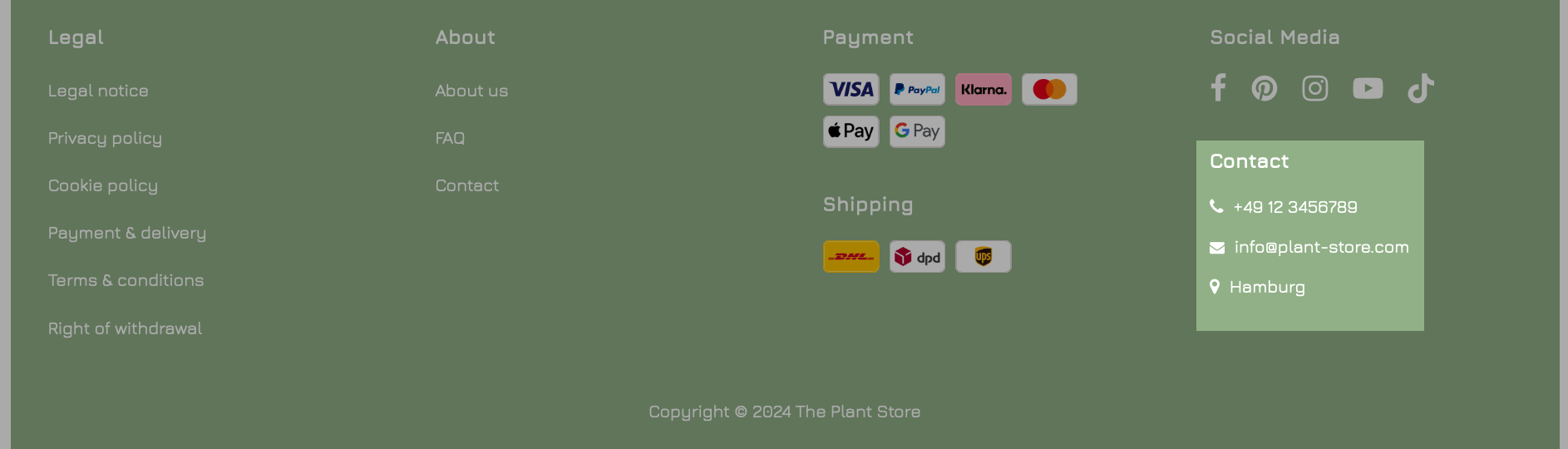 Voorbeeldweergave van contact- en locatiegegevens in een voettekst met kolom-lay-out