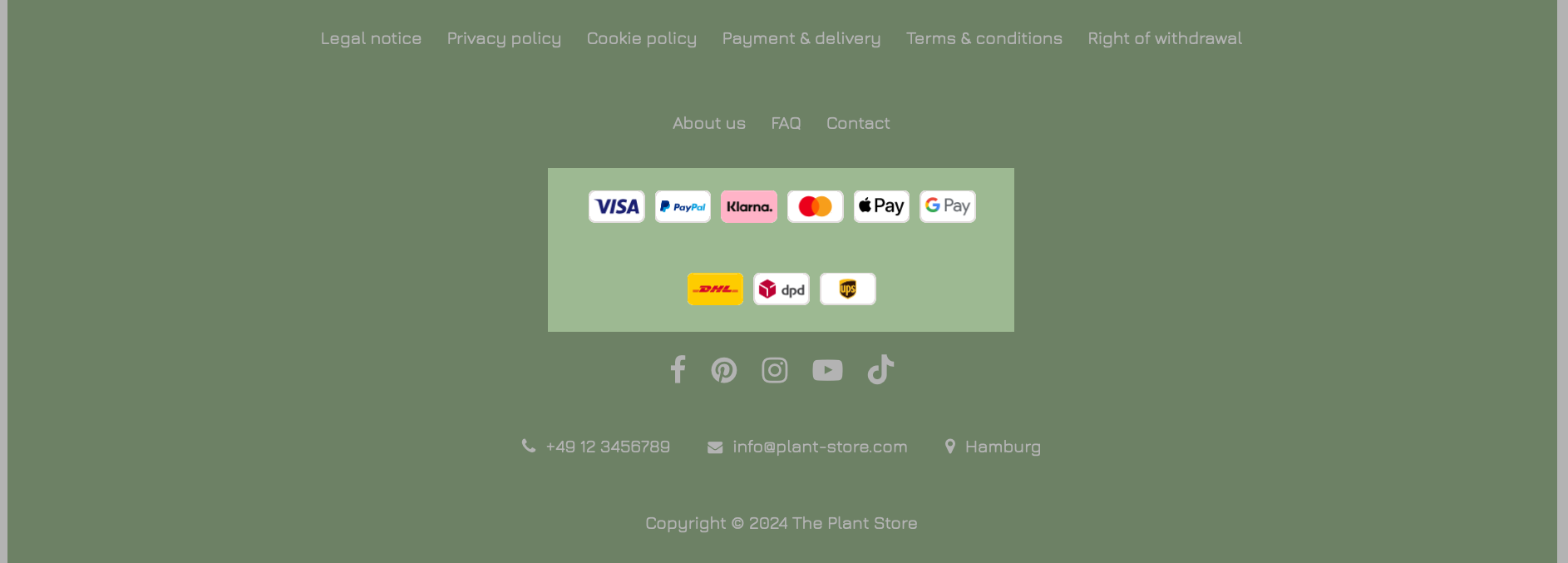 Exemple d'affichage des modes de paiement et de livraison dans un pied de page en lignes