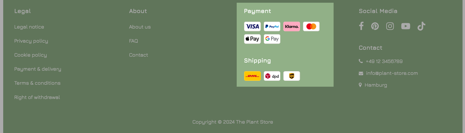 Esempio di visualizzazione delle modalità di pagamento e di spedizione nel footer di un layout a colonna