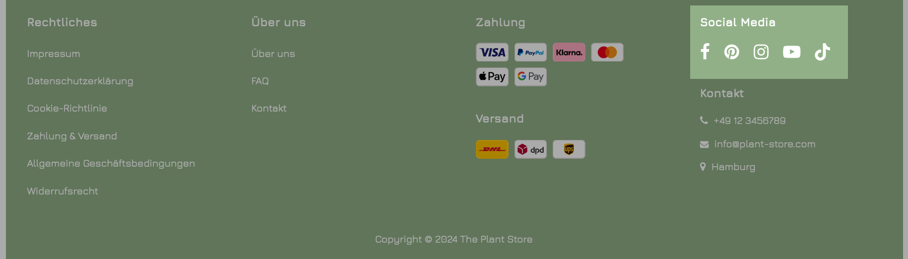 Beispiel für die Anzeige von Social-Media-Profilen in einem Spaltenlayout-Footer