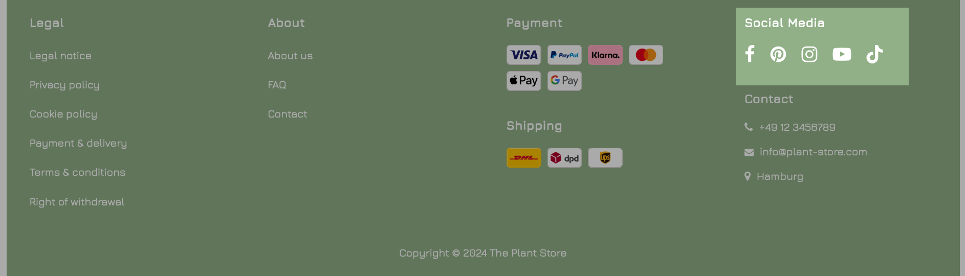 Ejemplo de visualización de perfiles de medios sociales en un pie con diseño de columnas