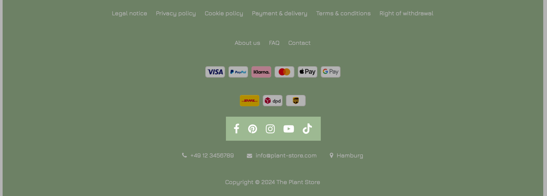 Esempio di visualizzazione dei profili dei social media in un layout di riga nel footer
