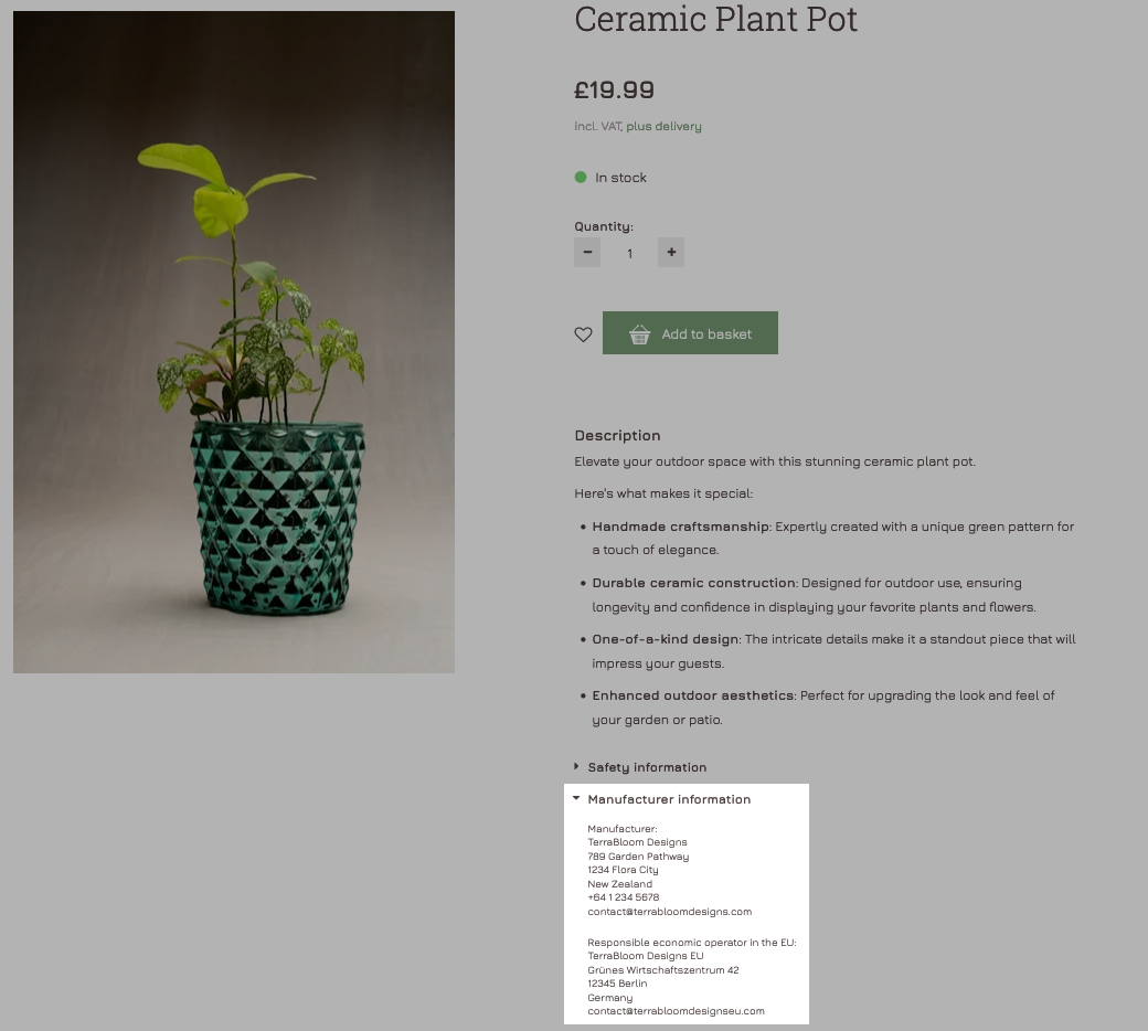 Example for the display of manufacturer information on a product page