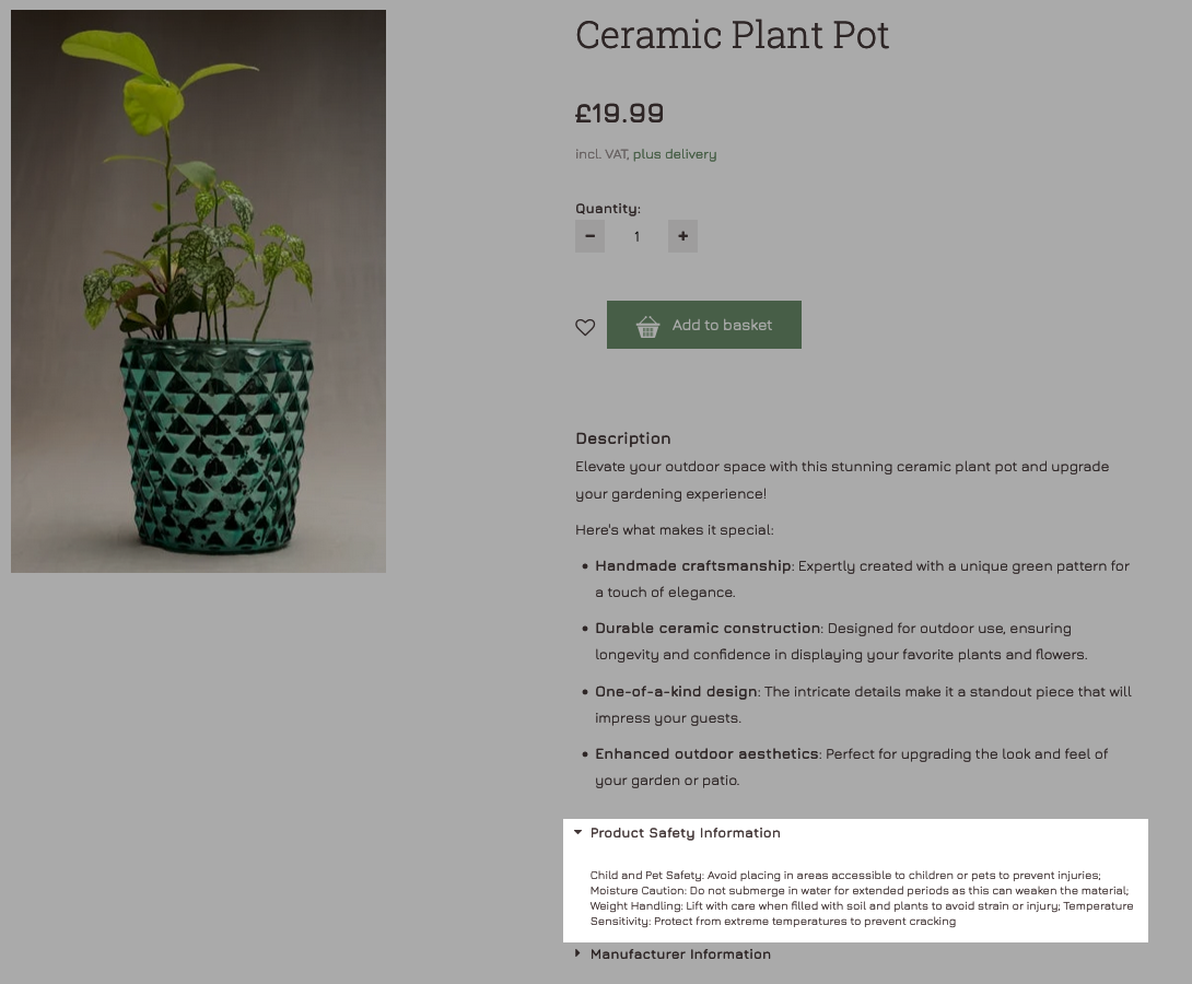 Exemple d’informations de sécurité sur une page produit