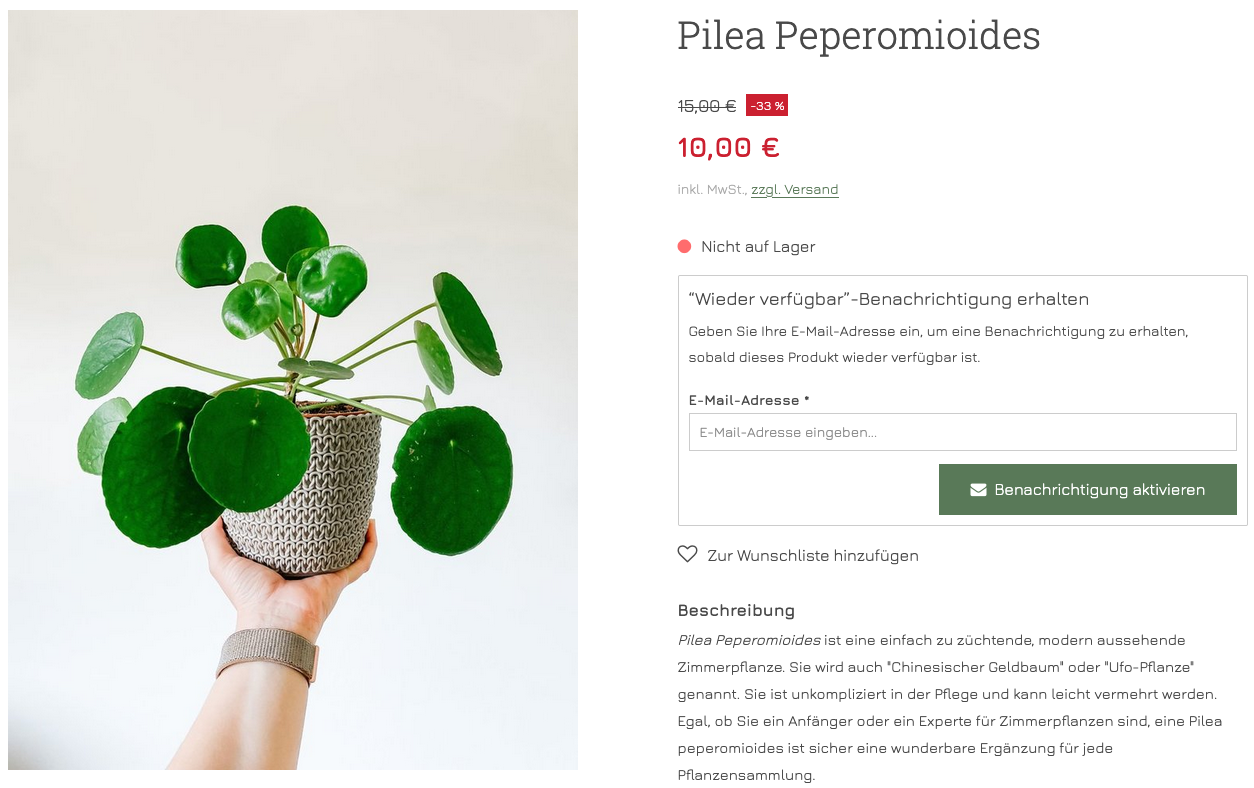 Einstellung für Verfügbarkeitsbenachrichtigung auf einer Produktseite im Shop
