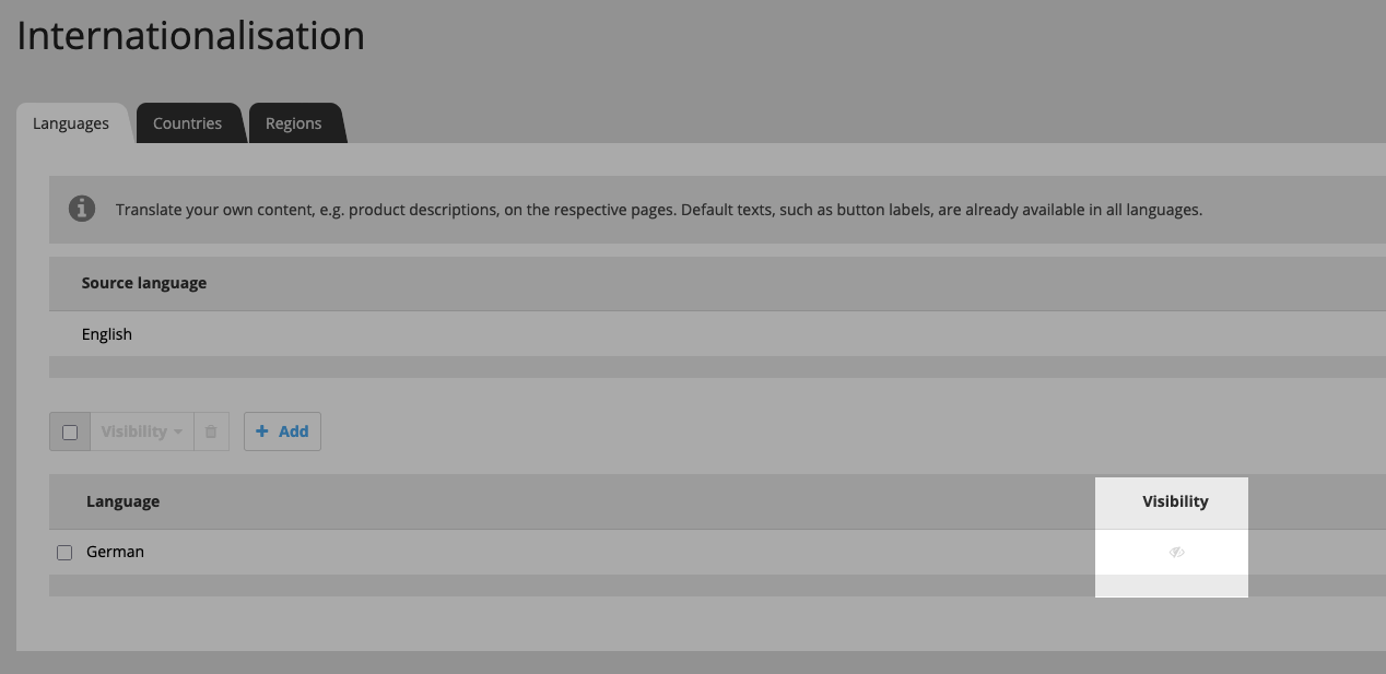 Example of visibility display for shop languages